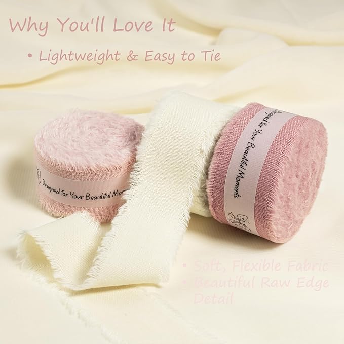 Pink & Ivory Cotton Ribbon 1 Inch Dusty Pink, Soft Pink & Cream 3 Rolls 21 Yards Frayed Edge Fabric Set for Rustic Wedding Decor, Engagement Party, Bridal Bouquet Wrap & Gift Wrapping