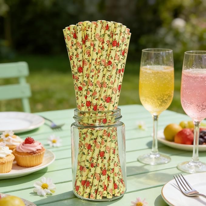 100 pcs Yellow With Red Rose Flower Paper Straws, Wild Floral Juice Beverage Party Drinking Straws, Vintage Retro Garden Tea Wedding Spring Summer Valentine Decor Cake Pop Sticks (Flower H003)