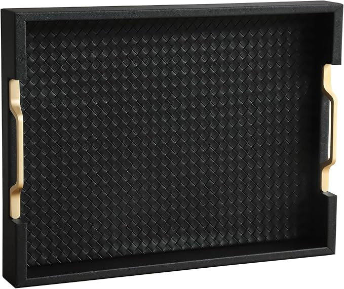 HofferRuffer Faux Leather Rectangle Serving Tray Decor Platter with Gold Metal Handles for Coffee Table, Breakfast, Tea, Food, Countertop, Kitchen, Butler Tray, 16.2 x 12.2 x 2 inches (Classic Black)
