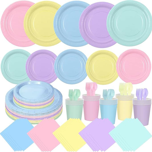 200 Pcs Pastel Rainbow Disposable Dinnerware Set, Macaron Color Paper Plates Cups Napkins Plastic Forks Knives Spoons, Pastel Party Tableware Serves 25 Guests