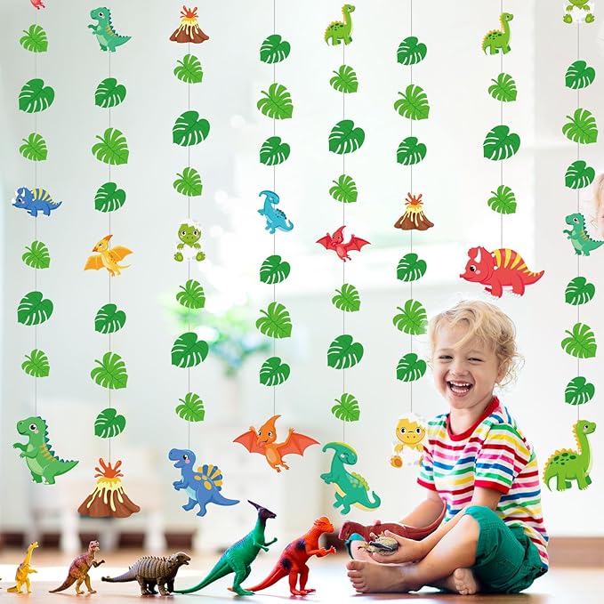Daifunli 8 Pcs Dinosaur Party Decorations Dinosaur Garlands Watercolor Dino Hanging Banner Palm Leaves String Decor for Boy Jungle Dino Theme Birthday Baby Shower Party Supplies Home Wall Backdrop