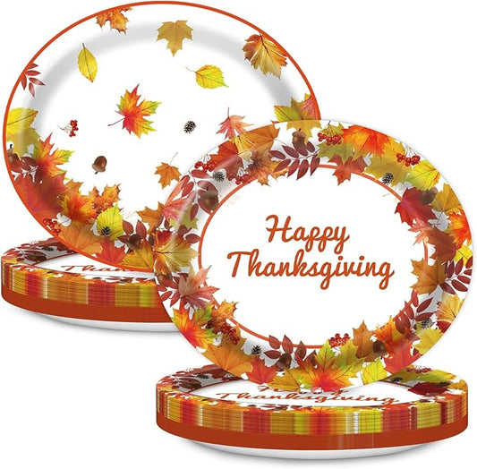 Thanksgiving Oval Paper Plates 10" x 12",Large Disposable Fall Party Decorations Paper Autumn Maple Leaves Plates for Birthday Holiday Favor Bridal Baby Shower Party Supplies,50 Guests