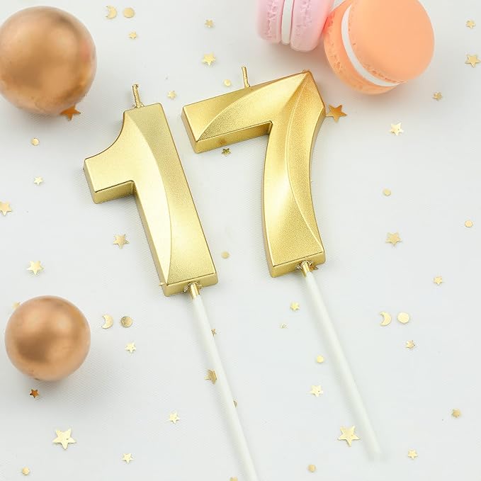 2.76 Inch Diamond Gold 17 Number Birthday Candles, Gold and Cake Number Candles for Party Celebration