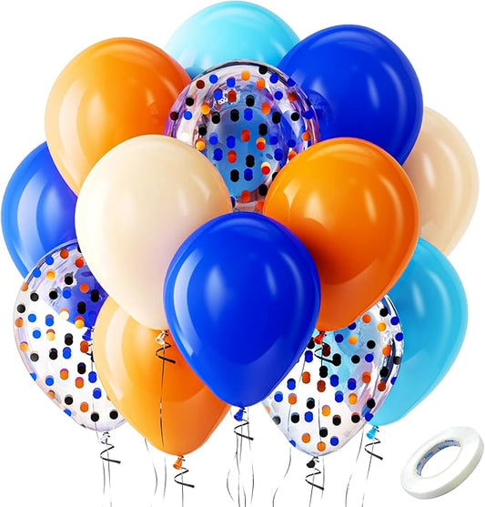 Bezente Orange and Blue Balloons Kit, 60pcs 12 inch Light Royal Blue Nude Latex Balloons Orange Confetti Helium Balloons for Kids Birthday Baby Shower Anniversary Graduation Themed Party Decorations