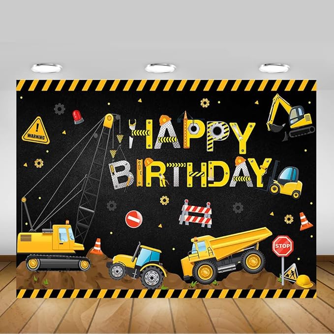 Mocsicka Construction Birthday Party Backdrop Dump Truck Birthday Background for Boys Digger Zone Construction Party Decorations Cake Table Banner (Black-Yellow, 10x8ft(120x96 inch))