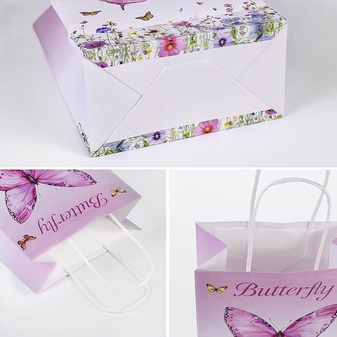 JALEBRO 24PCS BUTTERFLY Party Favors Gift Bags Bulk with Handle, Paper Snack Treat Goodie Bag for BUTTERFLY Theme Goody Bags Birthday Party Decorations Supplies 8"x5.9"x3.1"