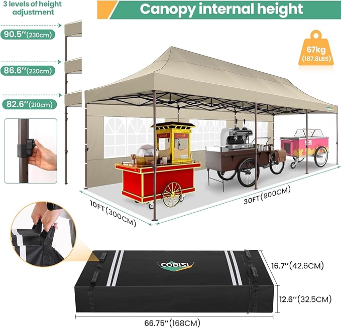 COBIZI 10x30 Pop Up Heavy Duty Canopy with 8 Sidewalls and Hexagonal Legs, Easy up Tent for Party, Wedding and Commercial, Outdoor Canopy with Carry Bag, Waterproof & UPF50+ (Khaki)