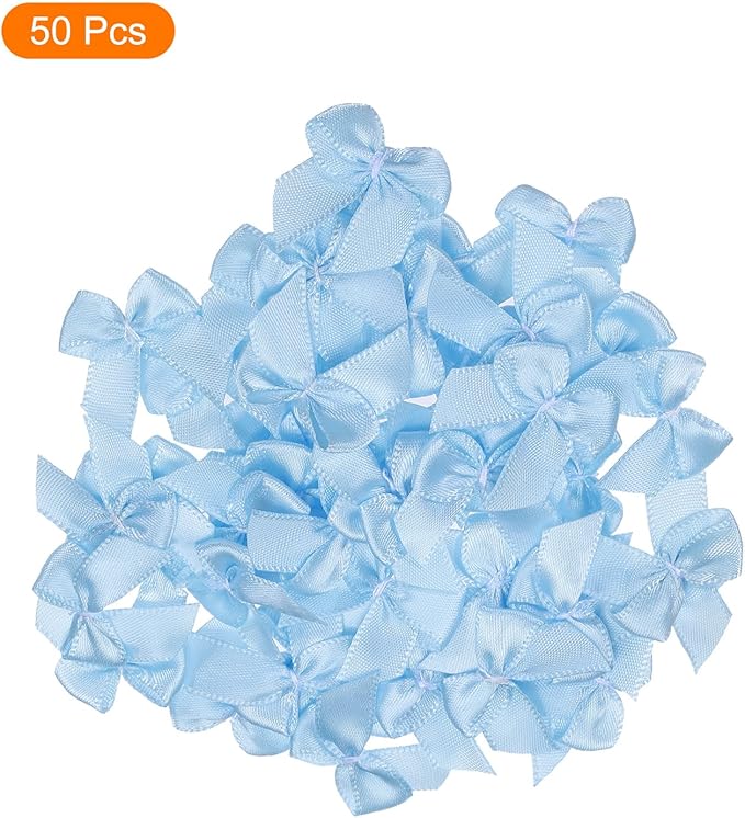 MECCANIXITY 50Pcs Mini Ribbon Bow 1" Mini Fabric Satin Ribbon Flower Bows for Craft DIY Sewing Wedding Birthday Party Blue