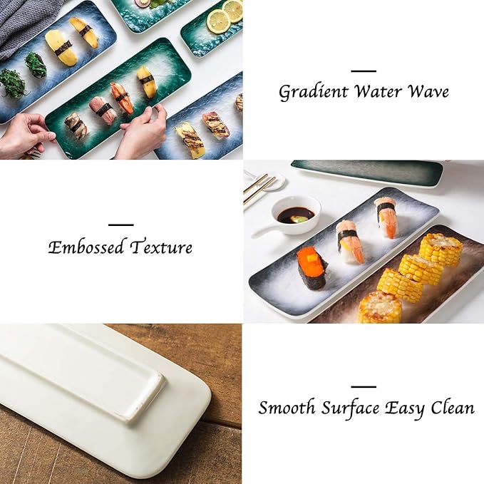 Eglaf 11.5'' Ceramic Platters - Rectangular Embossed Texture Sushi Plates - Party Porcelain Serving Trays for Appetizer, Dishes Decoration, Entertain Guests (Set of 3 Colors)