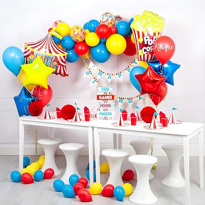 RUBFAC Carnival Circus Balloon Kit, Red Yellow and Blue Primary Balloons 12in with Rainbow Confetti Balloons for Birthday Party Carnival Theme Back to School Party Decorations, 65pcs