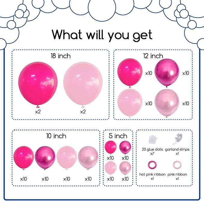 COKAOBE Pink Balloons Garlands Arch Kit, 124pcs Hot Pink Pastel Pink Metallic Magenta Latex Balloons for Wedding Engagement Princess Theme Birthday Bridal Shower Baby Shower Party Decorations