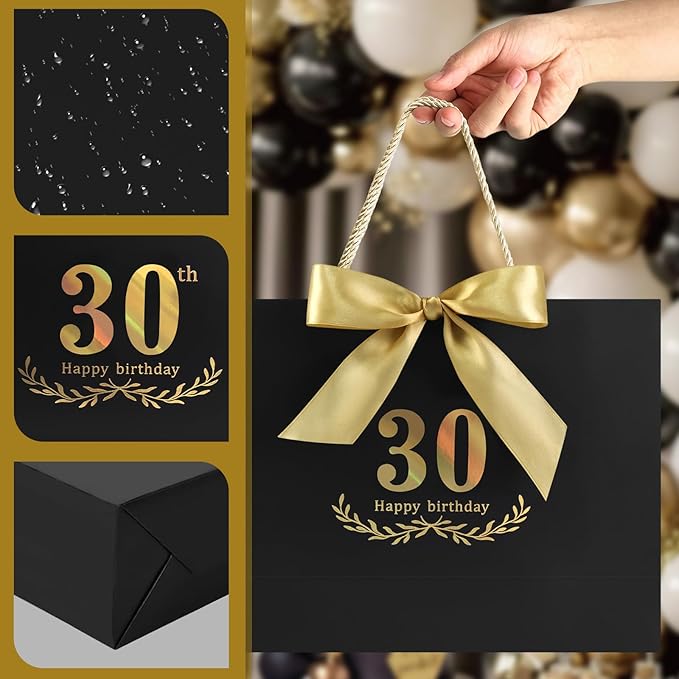 JMANNI Black Gold 30th Birthday Gift Bag with Card and Tissue Paper, 12.6"×9.84"×3.9" Elegant Present Bag for Adults, 30 Year Old Birthday Keepsake Party Supplies