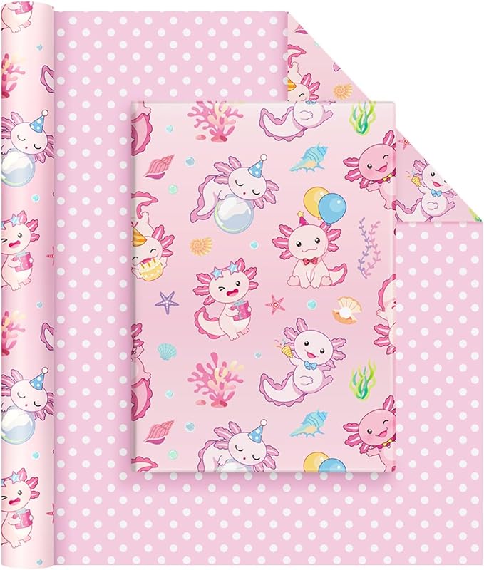 WERNNSAI Axolotl Wrapping Paper - 1 Roll 17” x 33 ft Girls Birthday Wrapping Paper Pink Salamander Pattern Gift Wrap Roll for Kids Girls Ocean Theme Party Favor Polka Design