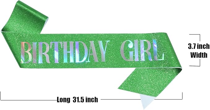 MGJSRNH Birthday Sash for Girl,Green Glitter Satin Multicolour Foil Sash,Women Birthday Party Gift,Queen Princess Party Decorations Supplies