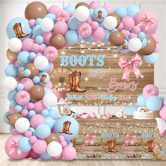 MEHOFOND Boots or Bows Gender Reveal Decorations Kit, 116Pcs Pink and Blue Balloon Arch Set with Rustic Western Backdrop and Tablecloth, What Will Baby Be Cowgirl Cowboy Gender Reveal Party Supplies