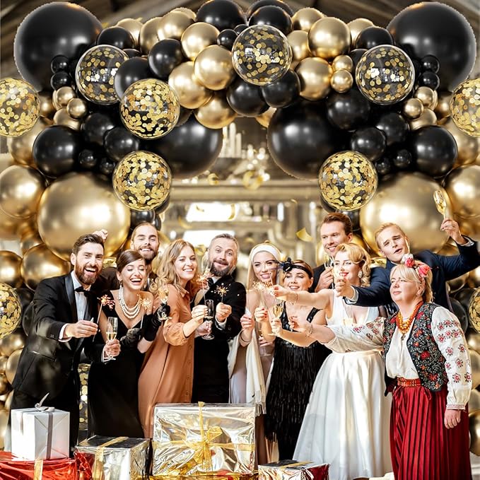 MEBAY 155Pcs Black and Gold Balloon Garland Arch Kit with Gold Confetti Balloons for Graduation New Year Birthday Wedding Party Decorations