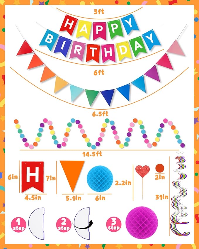 Oomloid Happy Birthday Party Decorations - Colorful Happy Birthday Banner Swirl Streamers Honeycomb Balls Circle Dots Garland Triangle Flag Bunting, Rainbow Decor for Women Men Boys Girls
