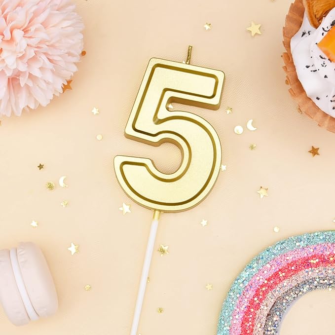 PHD CAKE 2.76 Inch Luxe Gold 5 Number Birthday Candles, Gold Number Candle, Cake Number Candles, Party Celebration
