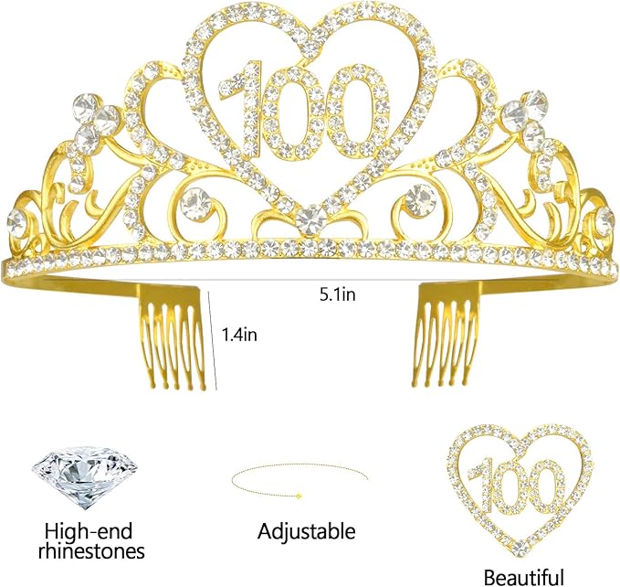 100th Birthday Tiara and Sash Kit - '100 & FABULOUS' Black Sashes and Gold Rhinestone Birthday Crown for Women