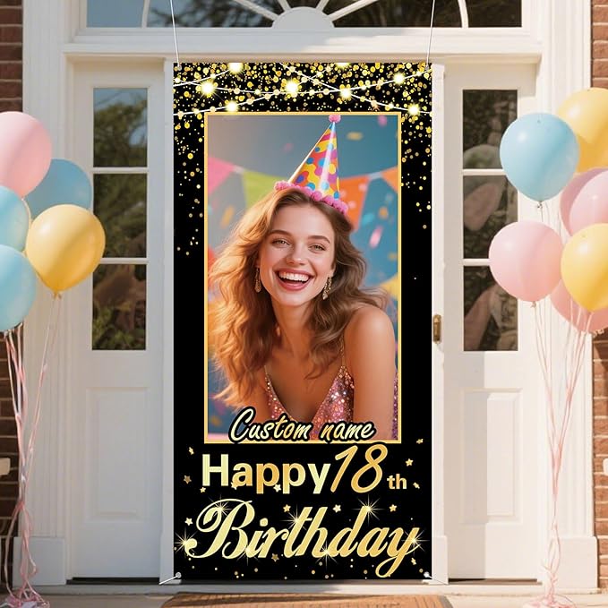 Personalized Happy Birthday Door Banner with Photo Custom Name Birthday Decorations Party Supplies for Women Men (Black and Gold)