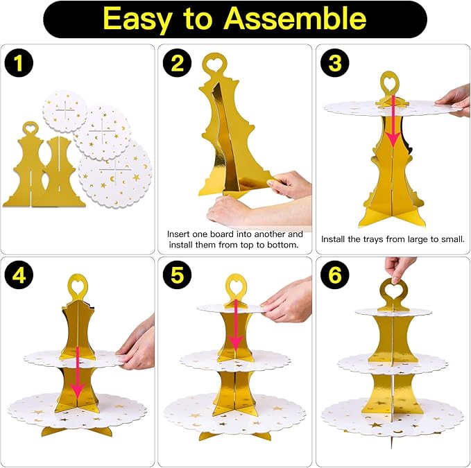 Soleebee 3-Tier Cupcake Stand, Cardboard Cupcake Tower, Dessert Cup Cake Stand Tower for Birthday Wedding Party Decoration, Cupcake Tier Stand 2 Set (Gold Moon and Star)