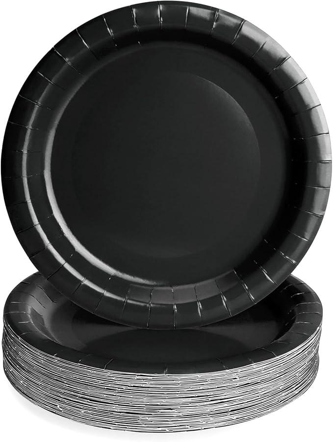 50 Pcs Party Plates, Black Disposable 9 inch Paper Dinner Plates Sets Party Supplies for Birthday Baby Shower Wedding Picnic