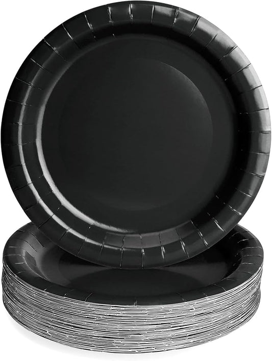 50 Pcs Party Plates, Black Disposable 9 inch Paper Dinner Plates Sets Party Supplies for Birthday Baby Shower Wedding Picnic