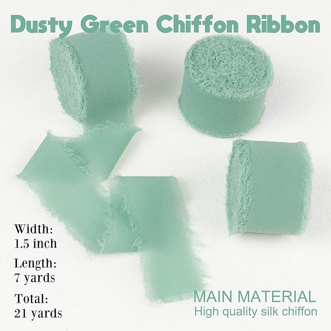 Dusty Green Chiffon Ribbon - 1 Inch x 21 Yards, Handmade Fringe, Silk, Boho Frayed, Gift Wrapping, Wedding Invitation, Bridal Flower Bouquets