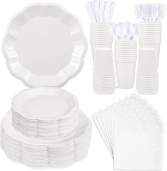 NatNarr 350 Pcs White Party Supplies Include Scalloped Plate Napkin Cup Forks Knives, Plastic Cutlery 50 Guest Disposable Parties Tableware Set for Wedding Baby Shower Bridal Shower Birthday Party