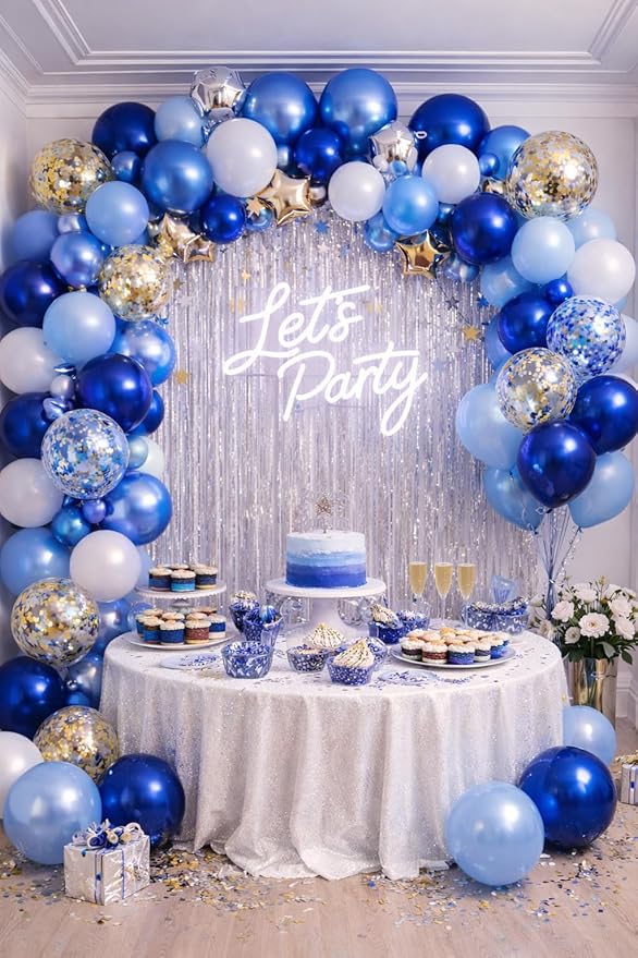 Metallic Blue Balloons 12 Inch – 60 Pack Blue & Gold Balloon Kit with Confetti, Light Blue, Dark Blue & Chrome Blue for Corporate Event Decor, Birthday, Baby Shower & Party Decorations