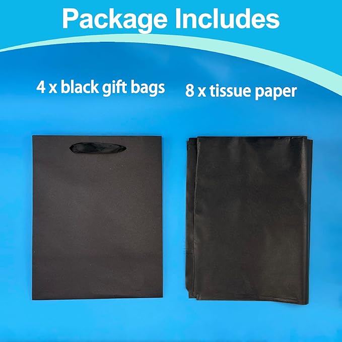 MOXARYSU 4 Pcs Medium Black Gift Bags: 8x5x10 Inches Gift bags With Handles Party Favor Bags With 8 Tissue Paper For Party,Birthday,Baby Shower,Wedding（Black）