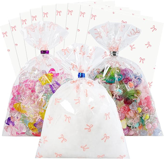 Docvania Cello Cellophane Treat Gift Bags Pink bow Cookie Bags 100 pcs 5 X 7 Goodie Bag with Ties for Mother's Day, Valentine's Day and Parties, Weddings