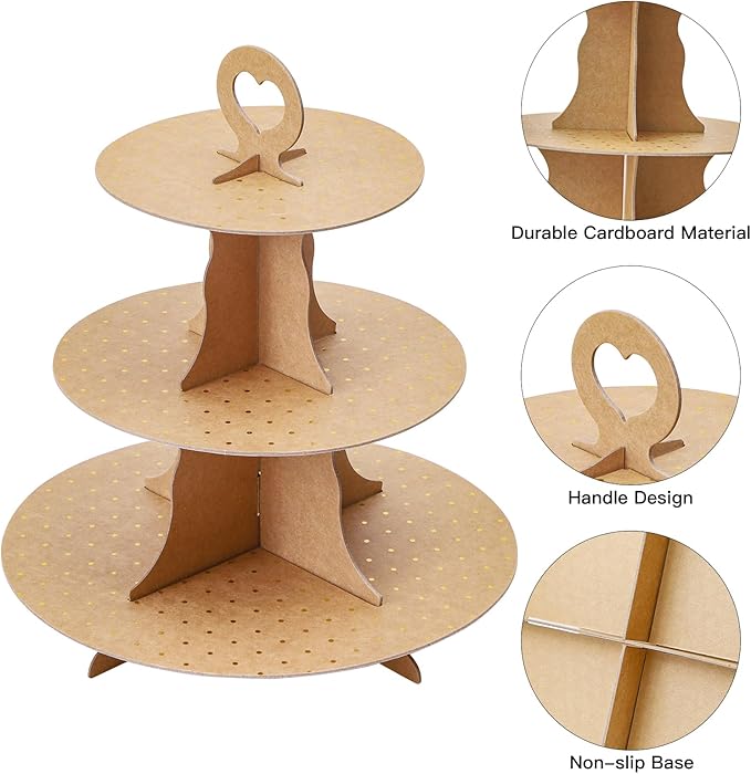 Soleebee 3-Tier Round Cupcake Stand, Cardboard Cupcake Tower, Dessert Cup Cake Stand Tower for Birthday Wedding Party Decoration, Cupcake Tier Stand 2 Set (Brown Golden Dot)
