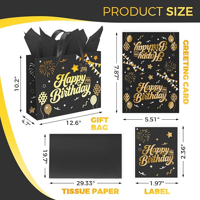 13” Black Birthday Gift Bag with Tissue Paper and Greeting Card, Happy Birthday Gift Bags for Party, Hot Foil Stamping Design Gift Wrap Bags Decor for Men, Women and Kids, 1 PCS, Medium Size