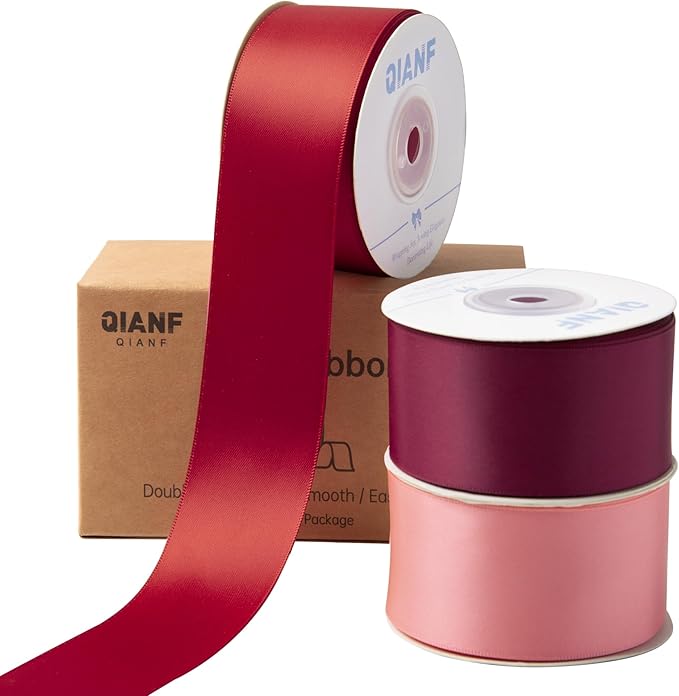 QIANF Burgundy Double Face Satin Ribbon 1-1/2 Inch x 45 Yards Wine Red Coral Pink Fabric Ribbon for Gift Wrapping, Flower Bouquets, Bows Making, Wedding Decor, Invitation, Christmas (3 Rolls *15Yd)