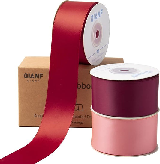 QIANF Burgundy Double Face Satin Ribbon 1-1/2 Inch x 45 Yards Wine Red Coral Pink Fabric Ribbon for Gift Wrapping, Flower Bouquets, Bows Making, Wedding Decor, Invitation, Christmas (3 Rolls *15Yd)