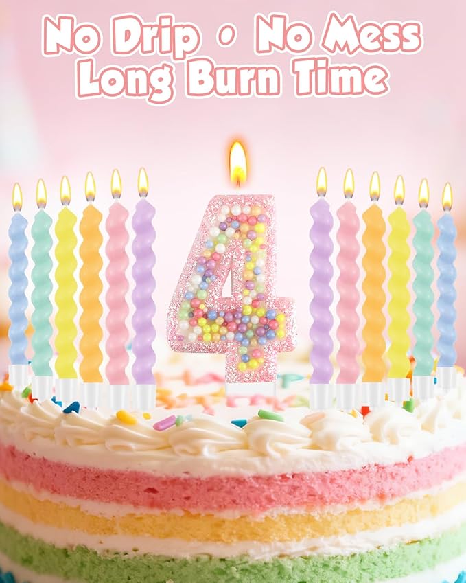 Birthday Candles for Cake, Macaron Number Candles, Cake Candles with Greeting Card for Birthday Party Wedding Anniversary Celebrations (4 Candle)