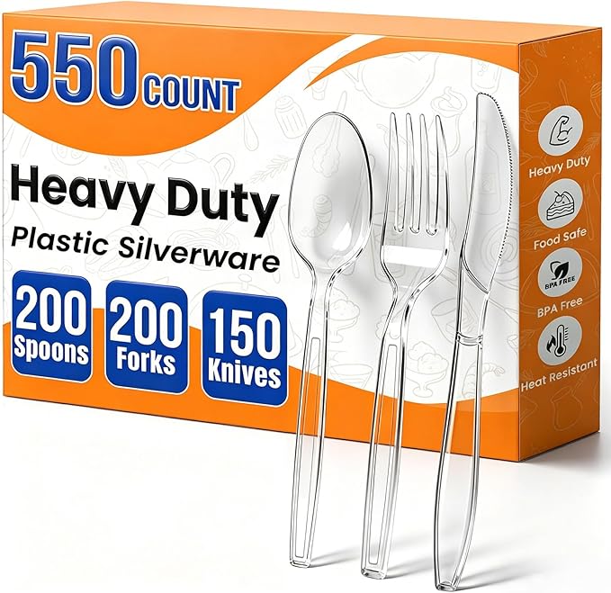 550 Count Plastic Silverware Heavy Duty,Clear Disposable Plastic Utensils Set,200 Forks, 200 Spoons,150 Knives,BPA-Free, Heat Resistant Plastics Cutlery, Plasticware Bulk for Catering & Events, Daily