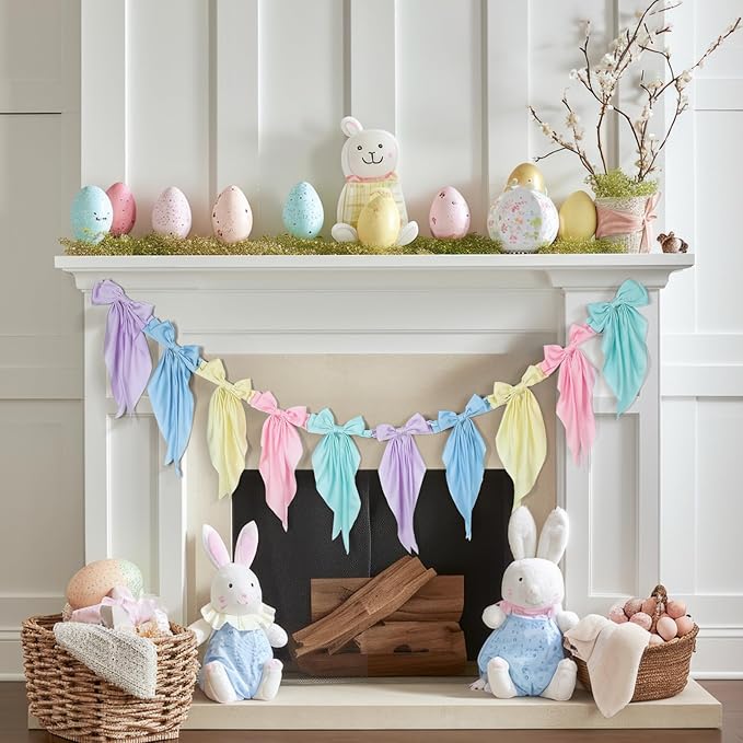 VitalCozy 1 Pcs Pastel Bow Garland Banner - Silk Satin Ribbon Hanging Party Bow Garland Decoration for Summer Birthday Baby Shower Wedding Party Supplies