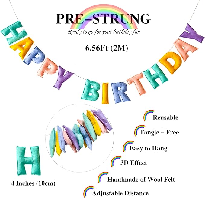 Pre-Strung Happy Birthday Banner - Felt Ball Garland, Rainbow Party Decorations, HAPPY BIRTHDAY Garland, Personalized Birthday Sign for Birthday Decor, Party Decor, Photo Prop (Macaron Colors)
