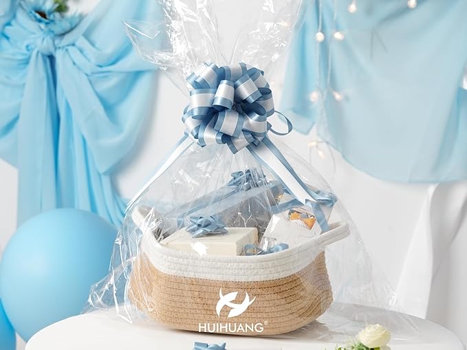 HUIHUANG Dusty Blue Pull Bows 6" x 10" Dusty Blue and White Double Layer Satin Pull Bows 12 PCS Gift Bow for Gift Wrapping Gift Basket Baby Shower Favors Wedding Party Decor