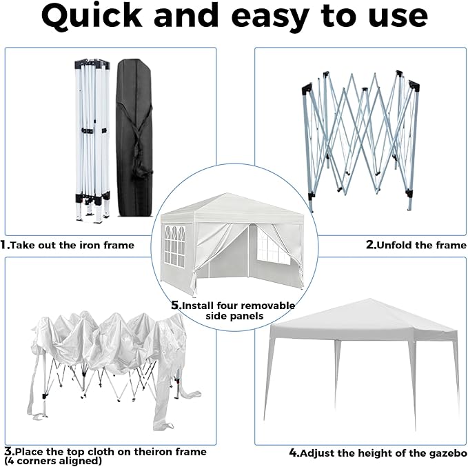 10X10FT White Pop Up Canopy Party Tent, Outdoor Commercial Instant Gazebo with 4 Removable Sidewalls for Events, Wedding, Backyard, Patio, Easy Set Up Sun Shade with Carrying Bag