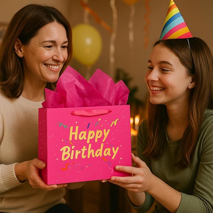Febbleshow Pink Birthday Gift Bags with Tissue Paper - Matte Finish with Gold Foil Lettering and Confetti Design - Birthday Party Gift Bag for Men Women Kids - 13"x10.3"x4.7" (Pack of 2)