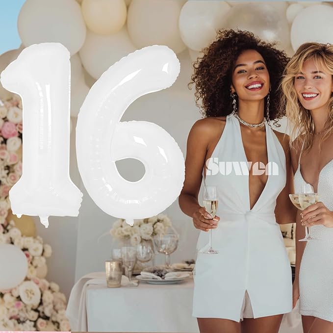 SUWEN 40 Inch White Large 16 Balloon Number Big Foil Helium Number Balloons 0-9 Giant Jumbo Happy 16th Birthday Party Decorations for Boy or Girl Huge Mylar 61 Anniversary Party Supplies