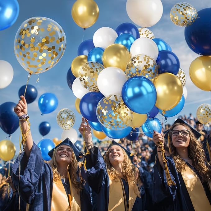 Navy Blue and Gold Confetti Balloons - 50pcs 12 Inch Metallic Blue Gold Matte White Latex Balloons with 33 Feet String for Birthday Wedding Gender Reveal Party Decorations