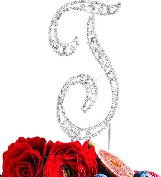 LINGPAR Letter T Cake Topper Rhinestone Crystal Silver Letter for Wedding or Anniversary Birthday Party Decoration Supplies