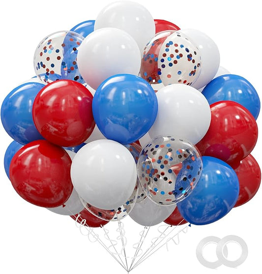 62Pcs Red White and Blue Balloons Kit - 12 Inches Red White Blue Confetti Party Balloons for 4th of July Independence Memorial Day Patriotic Party Decorations