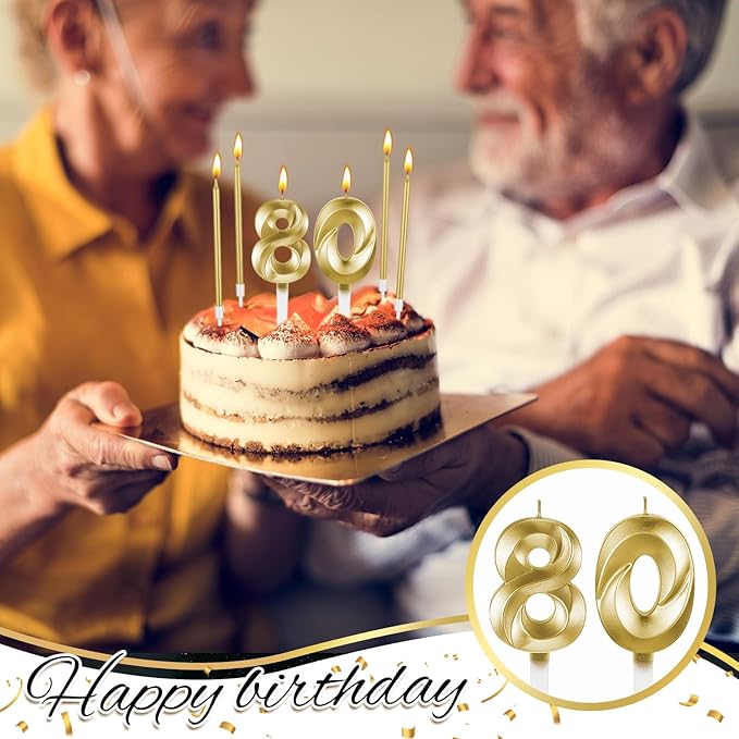 Mtlee Gold 80th Birthday Candles Set for Cakes Including Thin Metallic and Number Birthday Candles for Anniversary Celebration Party Topper Decorations Men Women