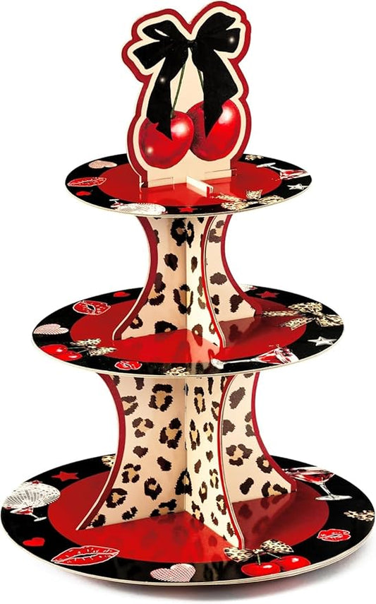 Haooryx Cheetah Cherry Cupcake Stand - 2Pack 3 Tier Red Cherry Bow Leopard Print Cupcake Tower Cardboard Dessert Holder Pastry Platter for Baby Shower Girls Birthday Wedding Holiday Party Table Decor