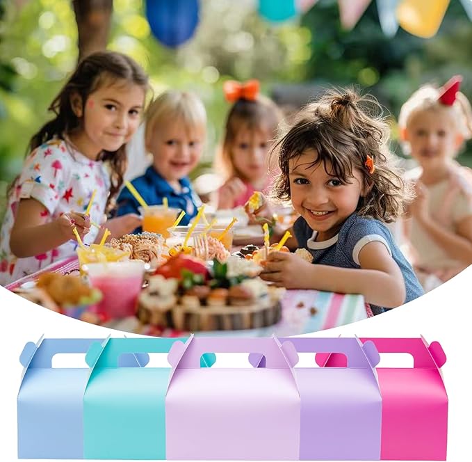 UnicoPak 30 Pack Pastel Party Favor Bag Boxes, Gable Gift Boxes with Handles for Candies Treats Goodies Cookies, Ideal for Theme Birthday Party, Classroom Events, Valentine's Day, 6.5x3.5x3.5 Inches